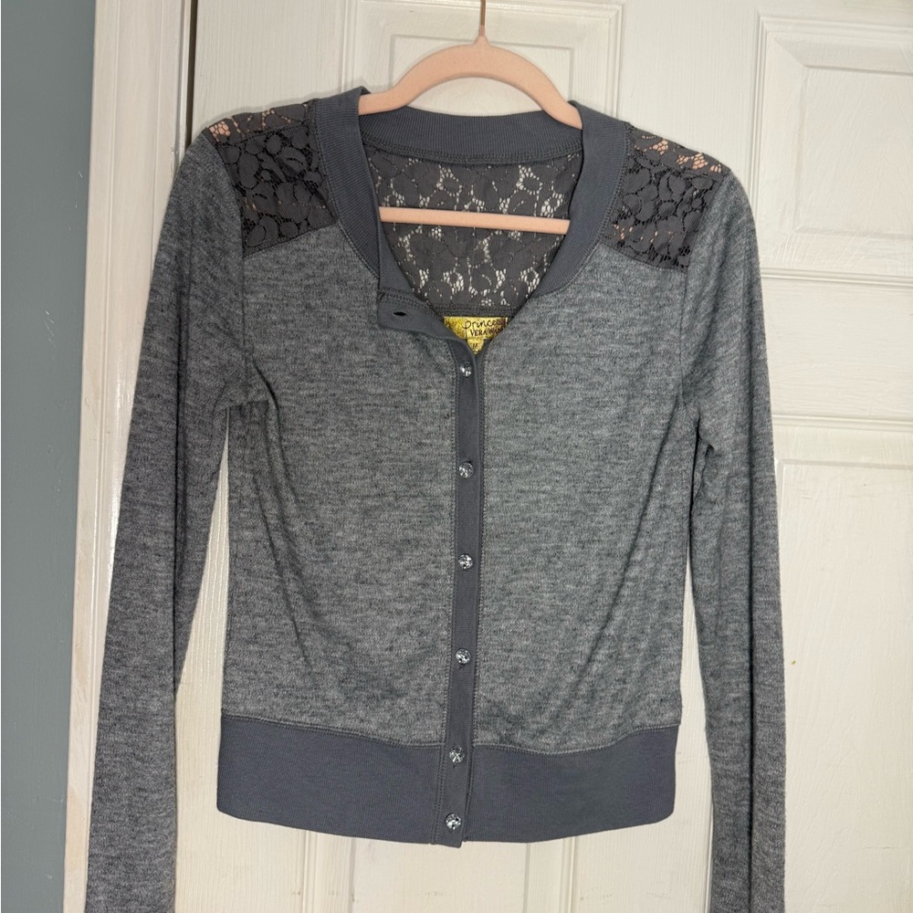 Princess Vera Wang Gray Lace-Trim Button Cardigan